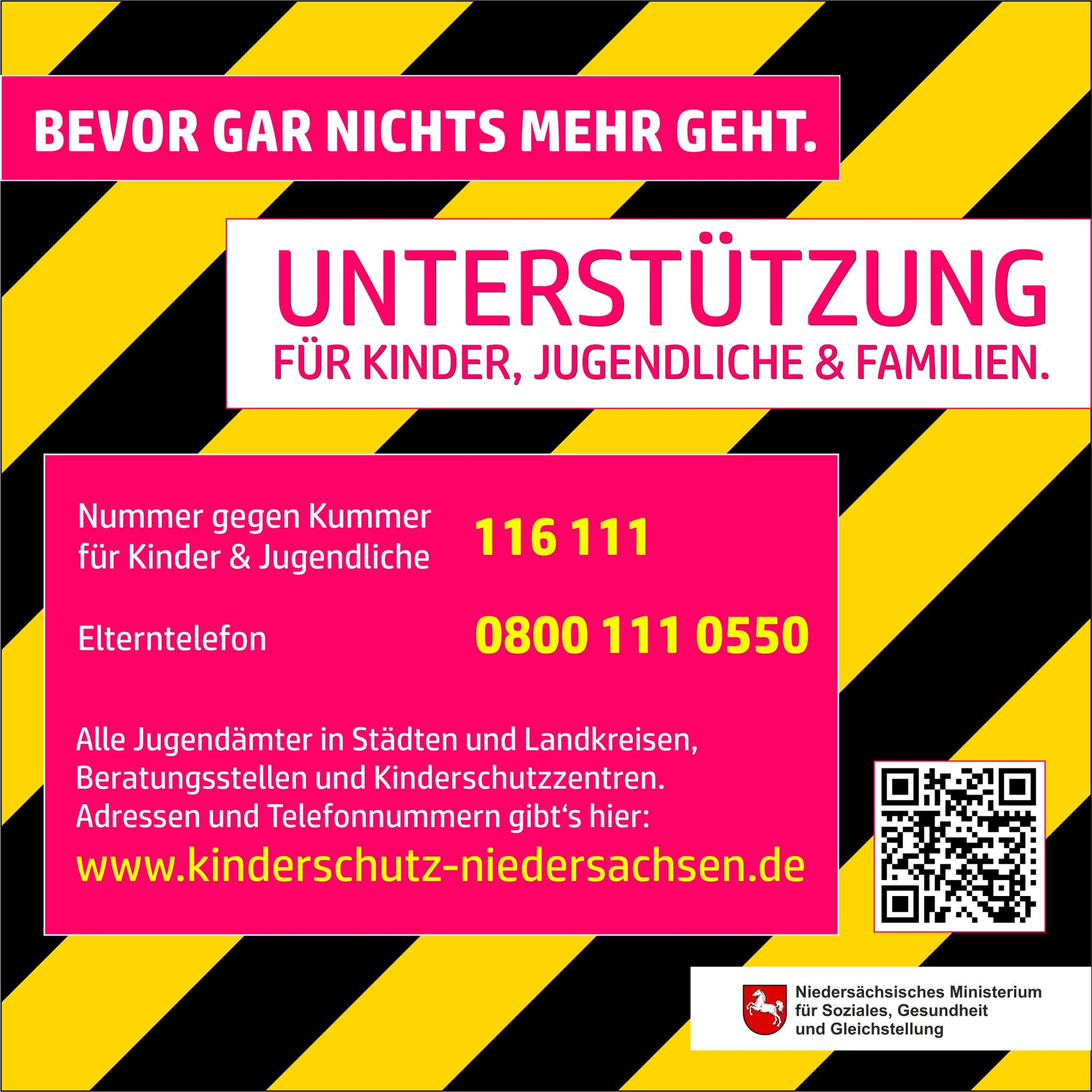 Bevor gar nichts mehr geht: Adressen von Beratungsstellen, Kinderschutz-Einrichtungen und Telefonhotlines gibt es auf www.kinderschutz-niedersachsen.de (Link öffnet Webseite im neune Fenster)