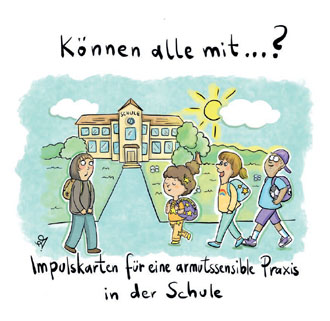 Zeichnung vier Kinder vor einer Schule