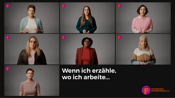 Videoscreenshot zeigt 7 Frauen, Text: Wenn ich erzähle, wo ich arbeite...